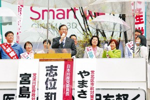 ＪＲ大阪駅前で府議・大阪市議候補とともに訴える志位委員長＝５日、大阪市北区内